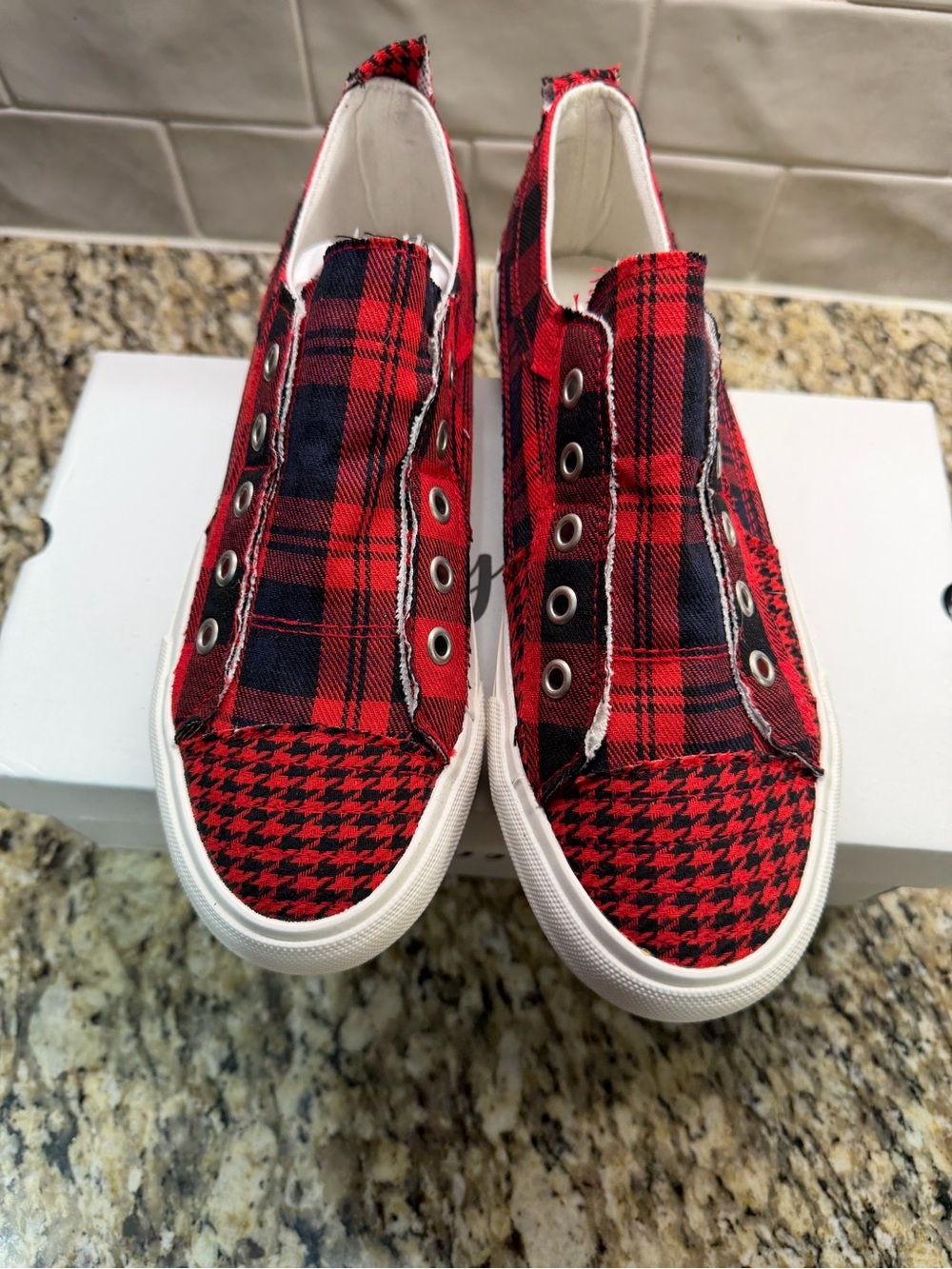 Very G, Gypsy Jazz- Red & Black Plaid Slip-On Sneakers